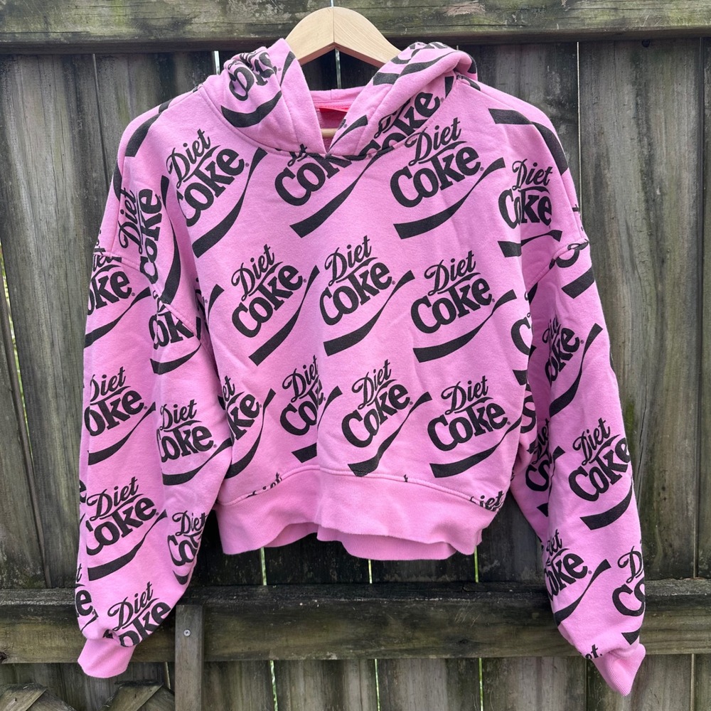 Coca-Cola Diet Coke Pink Logo Print Cropped Hoodie Sweatshirt Sz Large Y2K Retro